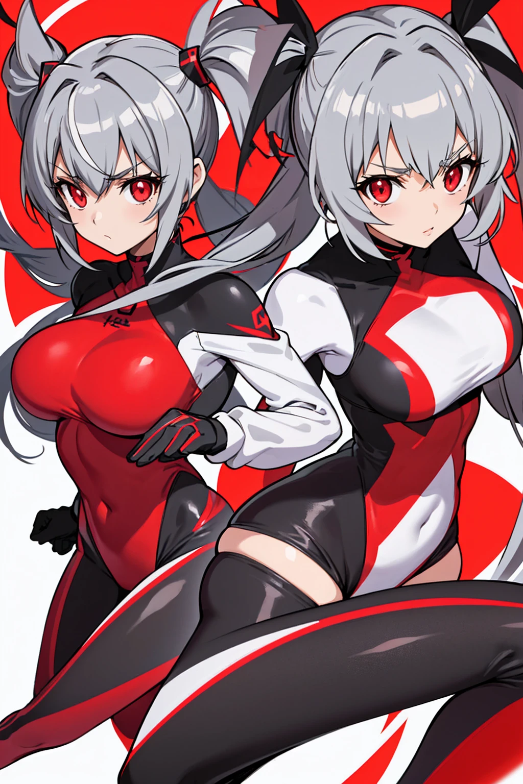 whole body,Standing posture, (Gray Hair,Twin tails,) (One Girl,Super big breasts,,Symphogia style,Red eyes), (Young face:1.2) (High leg leotard,Symphogear Suit,Black and red outfit,) Brave expression,(White background)