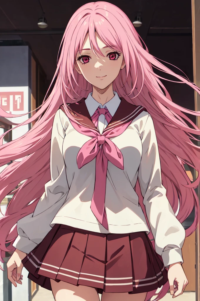 1girl, (masterpiece), (perfect details), (High resolution), (high quality), (sharp focus), (best quality),  (solo),  (masterpiece:1.2),(best quality:1.2), kiryuuin satsuki, pink hair, long hair, floating hair,  pink eyes, , brown skirt, white shirt, smile, school background, 