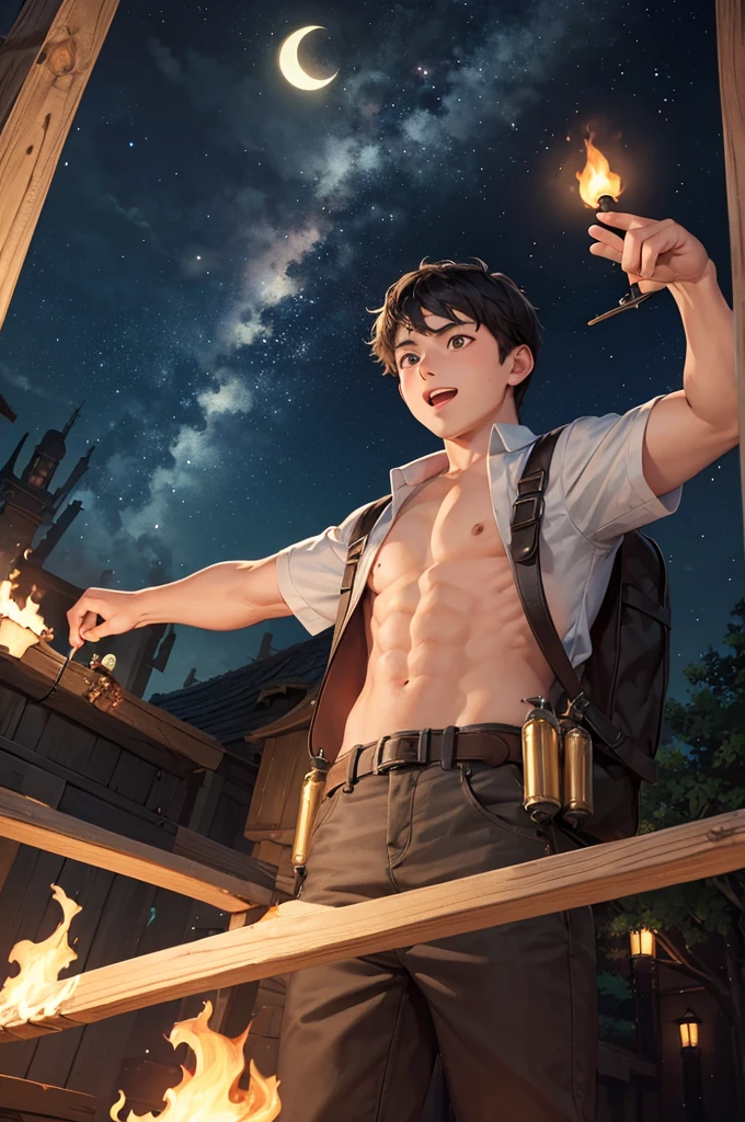 masterpiece,One boy,adventure,night,torches