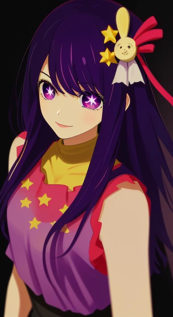 1 girl, (masterpiece), (best quality), (super detail), fine detail, (depth of field), gloves, long hair, star \ (symbol\), camera gaze, (purple hair: 1.2), purple eyes, upper body, hair ornament, :p, pink shirt, smile, sleeveless, shirt, idol, symbol pupil, bangs, one side up, star-shaped pupil, pull dress from above