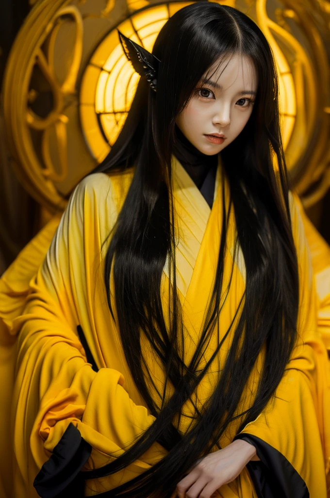 Anime girl with long black hair in a yellow kimono, Anime Style 4k, Anime Girl Portrait, Beautiful anime portraits, Detailed portrait of an anime girl, Stunning Anime Face Portraits, Cute girl anime visuals, Demon Slayer Louis Fan Art, female Anime characters, Young Anime Girl, Anime Girl Portrait, Anime characters, palace , Girl in Hanfu