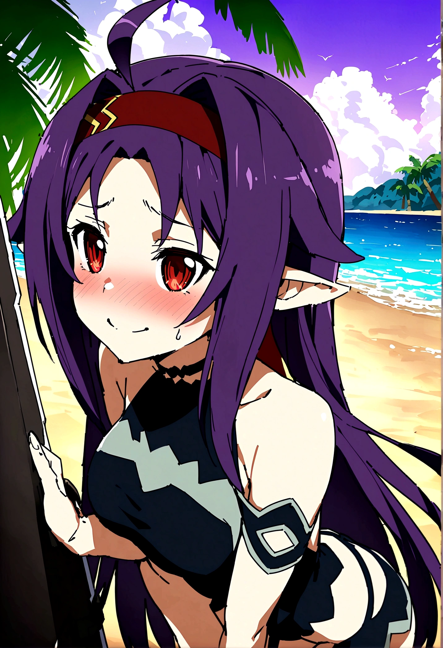 NSFW,masterpiece,Highest quality,High resolution,Super detailed,(Sword Art Online\), Purple Hair, Long Hair, Ahoge, Red eyes, Pointed Ears, hair band,Embarrassed,A cheerful smile,blush,beach,Palm tree,Rock Shade