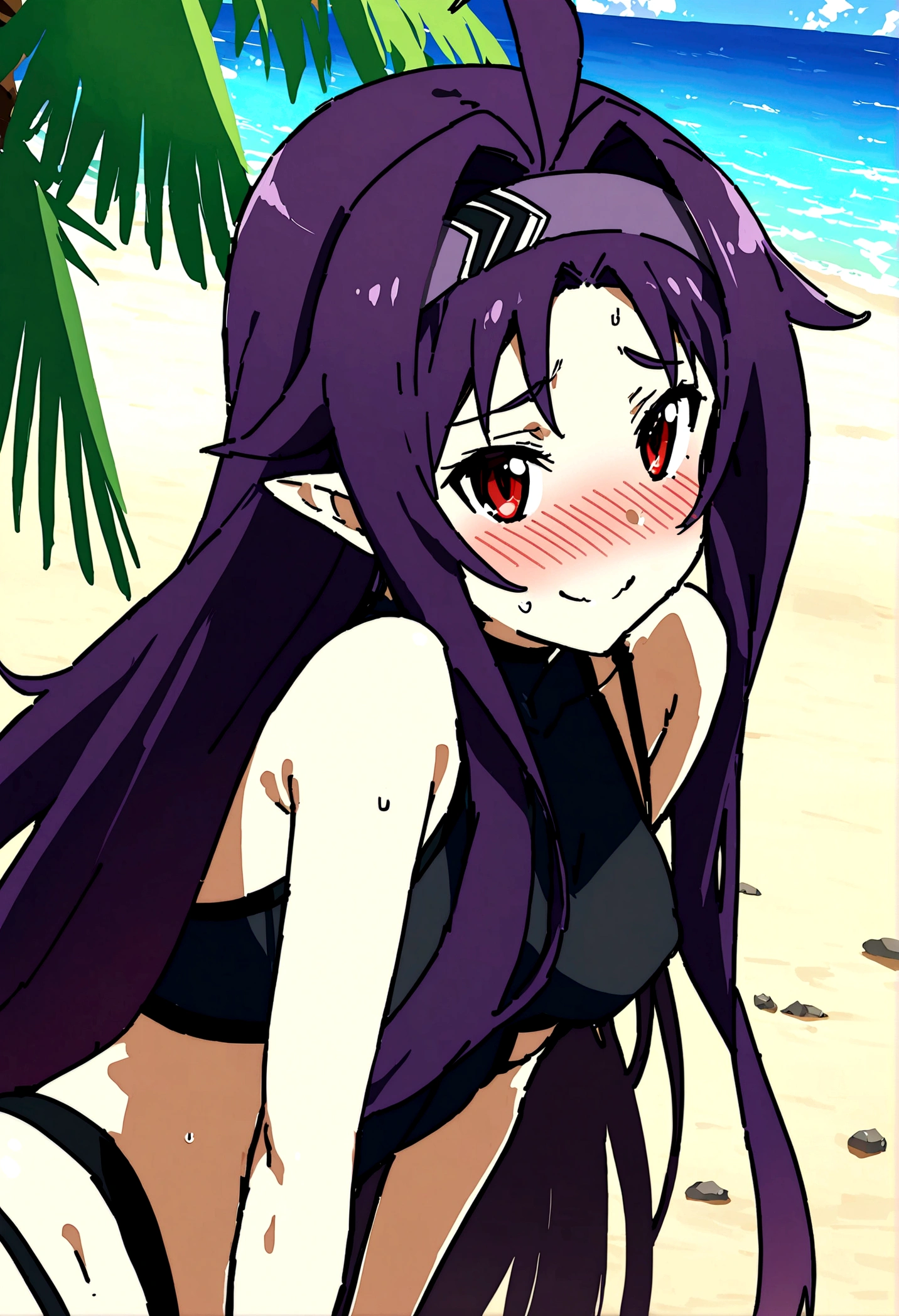 NSFW,masterpiece,Highest quality,High resolution,Super detailed,(Sword Art Online\), Purple Hair, Long Hair, Ahoge, Red eyes, Pointed Ears, hair band,Embarrassed,A cheerful smile,blush,beach,Palm tree,Rock Shade