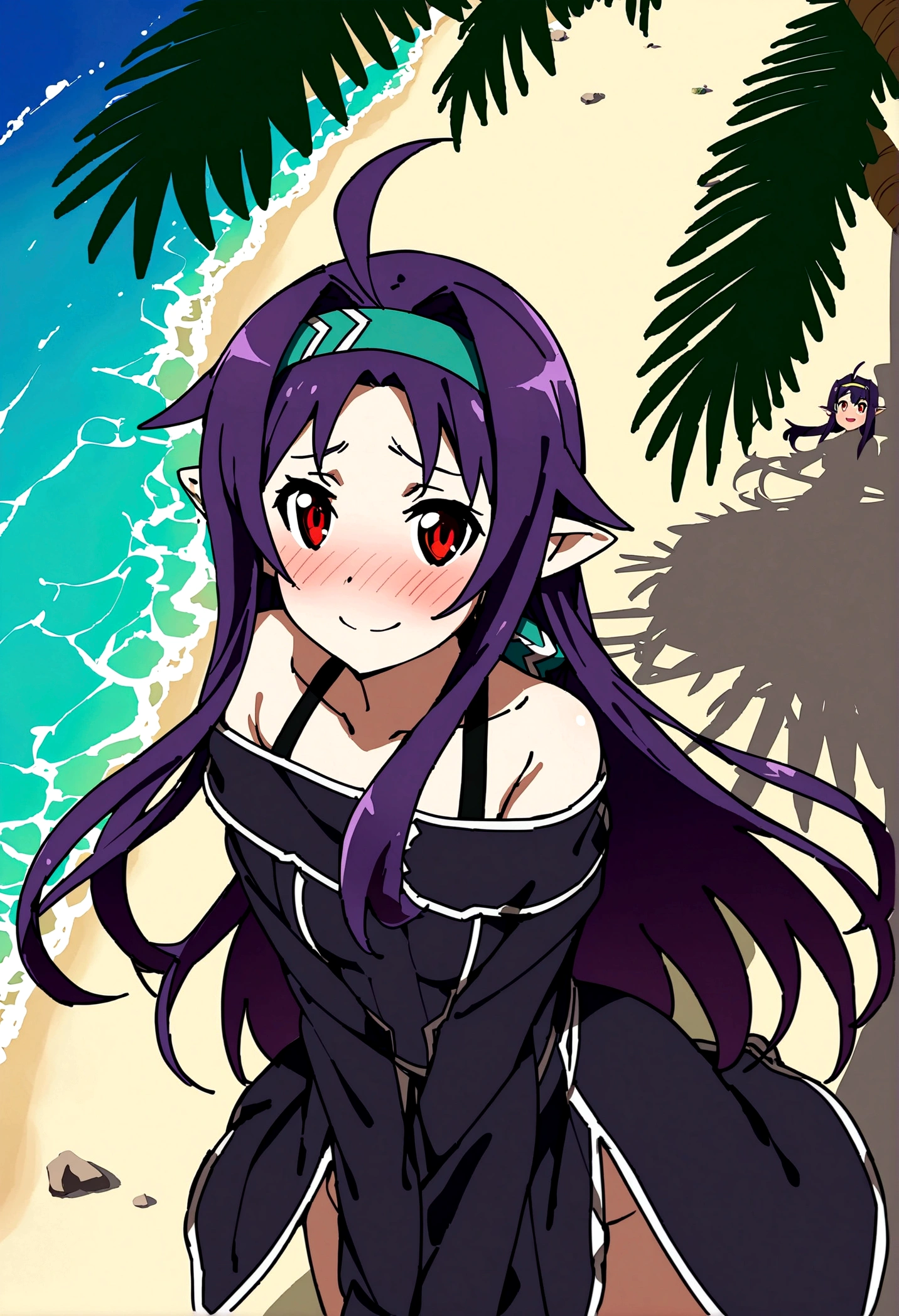 NSFW,masterpiece,Highest quality,High resolution,Super detailed,(Sword Art Online\), Purple Hair, Long Hair, Ahoge, Red eyes, Pointed Ears, hair band,Embarrassed,A cheerful smile,blush,beach,Palm tree,Rock Shade