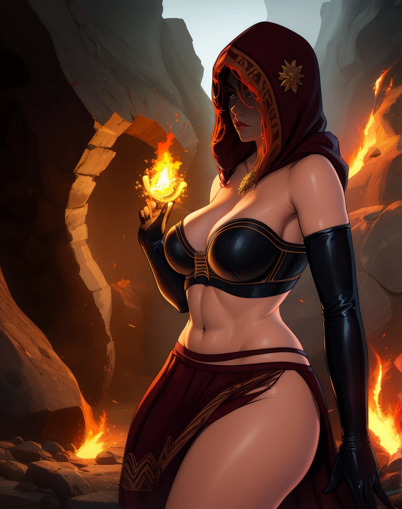 Dsorceress,shadowy face,dark cave,fire, hood, shadowed face,strapless bra,miniskirt,elbow gloves, dark skin, 1 girl (insanely detailed, masterpiece, best quality),