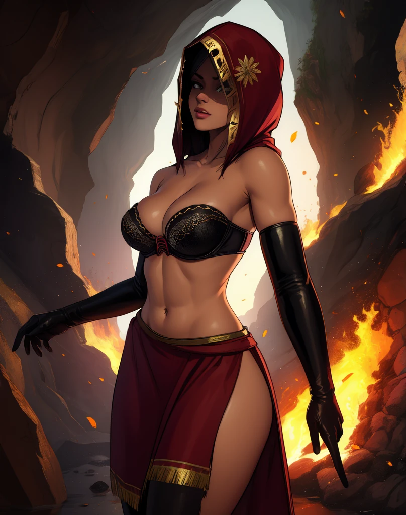 Dsorceress,shadowy face,dark cave,fire, hood, shadowed face,strapless bra,miniskirt,elbow gloves, dark skin, 1 girl (insanely detailed, masterpiece, best quality),
