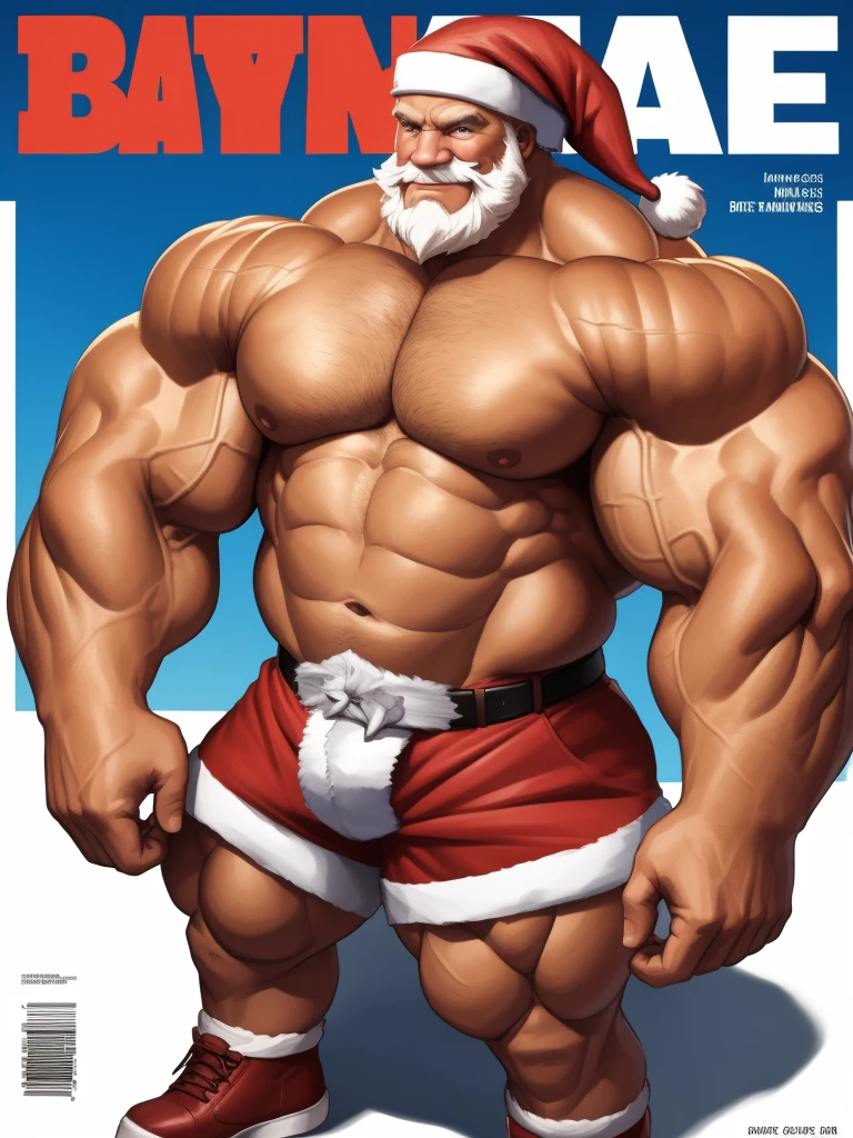 Magazine cover. solo, 1boy, perfect anatomy, ground view, wrinkles skin, low shoot, down view, perfect proportion, thick body, thick thighs, big red bag, big eyes, smile, santa claus, perfect fingers, big hand, fingers. Huge Muscular Old man with short hair, shoes ,(white shorts), view from side, pectoral, thick arms, huge pectoral, wide pectoral, white hair, white beards, simple background, masterpiece, semirealistic:1.2, high detailed, 8k, high resolution, perfect center, full view. ((really big muscle, massive muscular, sixpack, thick arms, wide pectoral, super huge muscle, hyper muscular, over sized muscle, huge arms, big arms, huge pectoral))