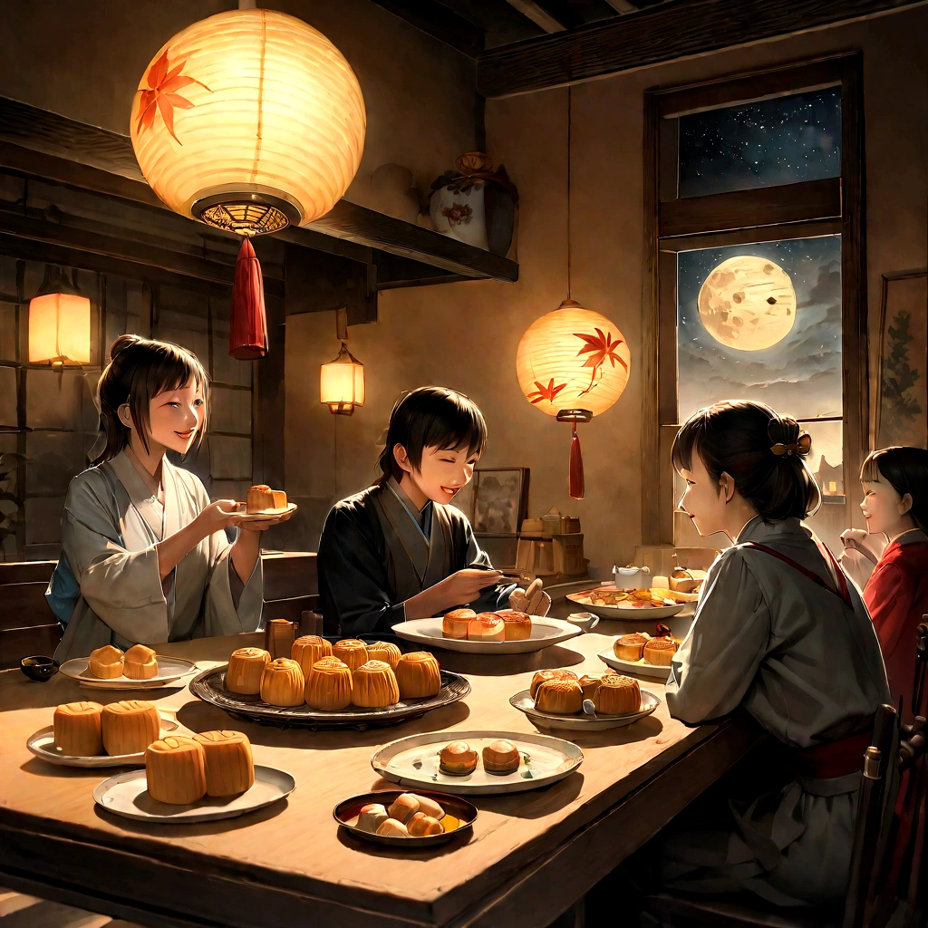 A warm and comfortable atmosphere. The room was beautifully decorated，Equipped with a lantern, Symbolizing the joy of the Mid-Autumn Festival. There are various kinds of dishes on the table.々There are many delicious dishes on offer., Includes traditional mooncakes. Moonlight was shining through the window, A soft glow on everyone's face. The family laughed and chatted, この特別な機会にlikeと幸せを表現しましょう. This piece is made from the finest materials, Oil paintings, high-resolution digital renderings, etc., Guaranteeing the highest quality and detail. The colors are vibrant and lively, Create a visually appealing display for your holiday celebrations. Well designed lighting, The focus is on capturing the warm and tranquil atmosphere of the evening.. This work is a masterpiece, Ultra-fine details and realism, Photorealistic Style. The moon in the night sky is depicted as a perfect circle, Represents the full moon of the Mid-Autumn Festival. The site was fun, like, And togetherness, Capturing the essence of the festival.I see the round moon floating high in the sky