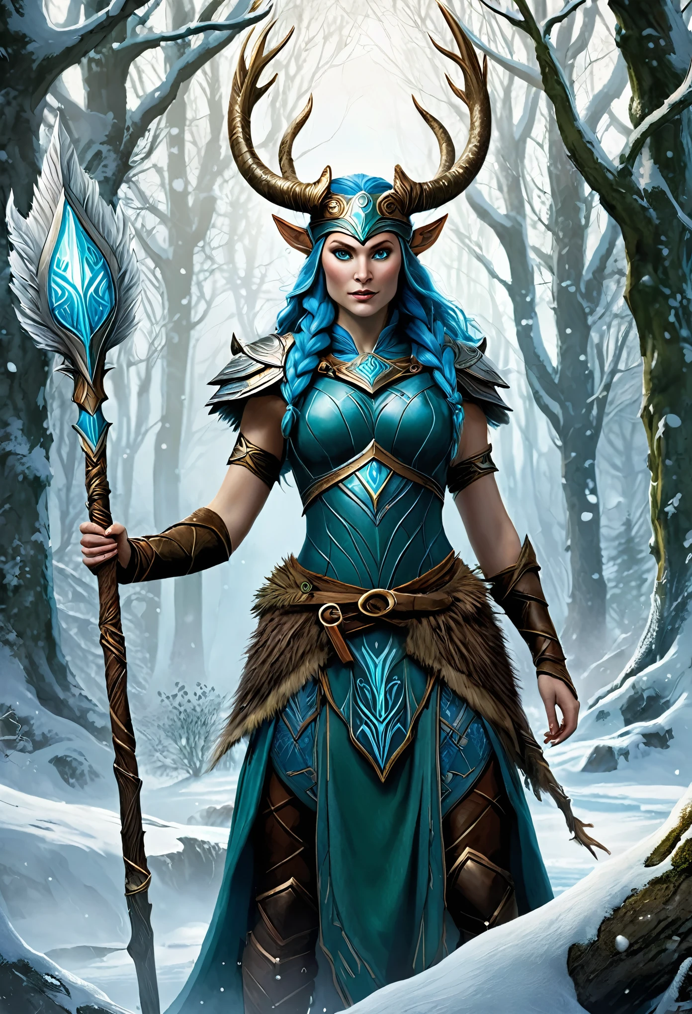 "Create a unique Satyress character rooted in Nordic mythology, blending her traditional woodland and nature-bound traits with the mystical prowess of Valkyries. She embarks on a quest to rescue a stolen artifact from a cunning frost giant, forging an unlikely alliance with a mischievous Loki along the way."