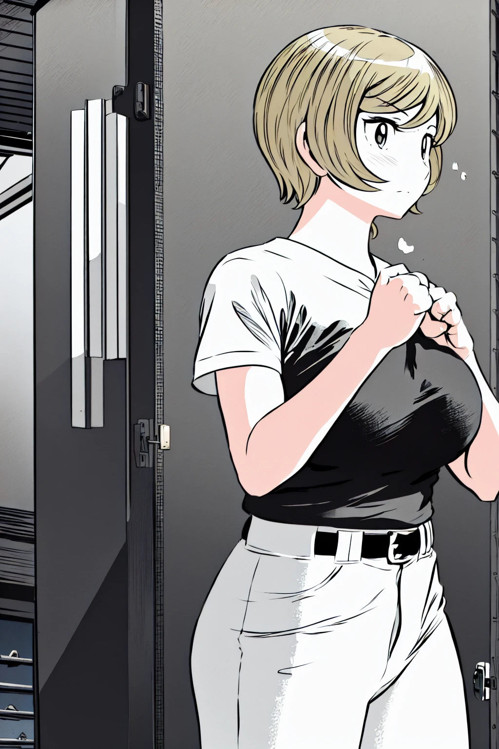 、(masterpiece、Highest quality)、Highest quality, Ultra-high resolution, (((masterpiece))), alone, Sweat、Big eyes,Tight black shirt、Tight white pants、belt、indoor、Composition from the front、(Cut the back hair short、short hair、blonde、woman)、Shortcuts、Embarrassed face、Cut your hair short、可愛いwomanの子、Big Breasts、Inside the room、Full Color、Baseball uniform