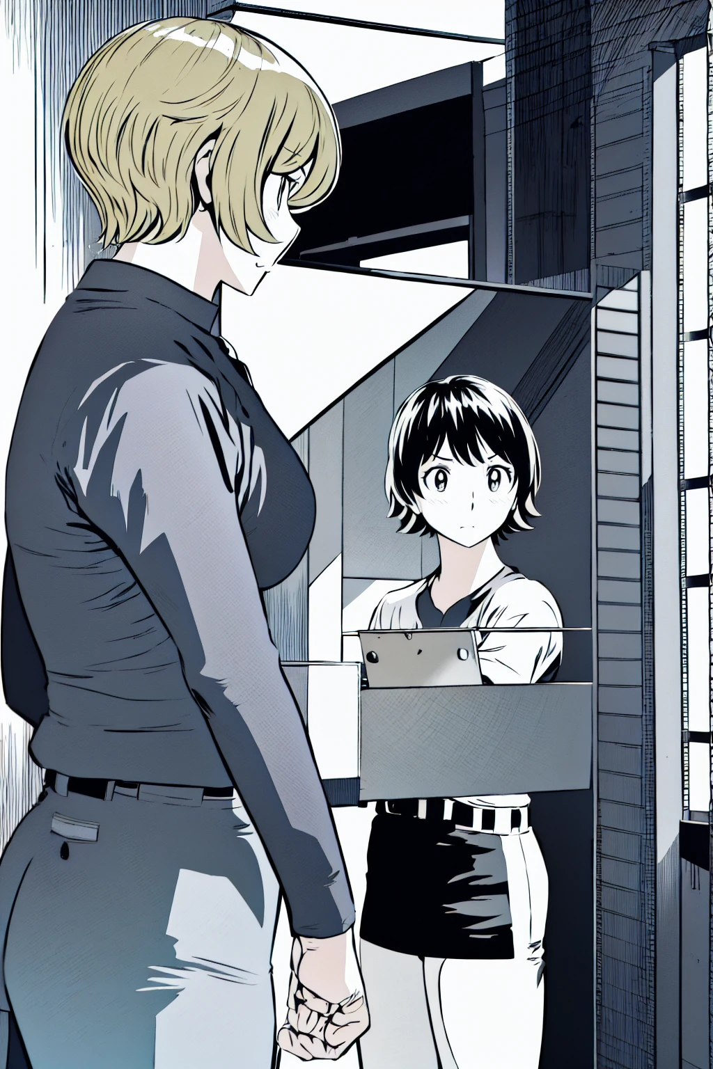 、(masterpiece、Highest quality)、Highest quality, Ultra-high resolution, (((masterpiece))), alone, Sweat、Big eyes,Tight black shirt、Tight white pants、belt、indoor、Composition from the front、(Cut the back hair short、short hair、blonde、woman)、Shortcuts、Embarrassed face、Cut your hair short、可愛いwomanの子、Big Breasts、Inside the room、Full Color、Baseball uniform