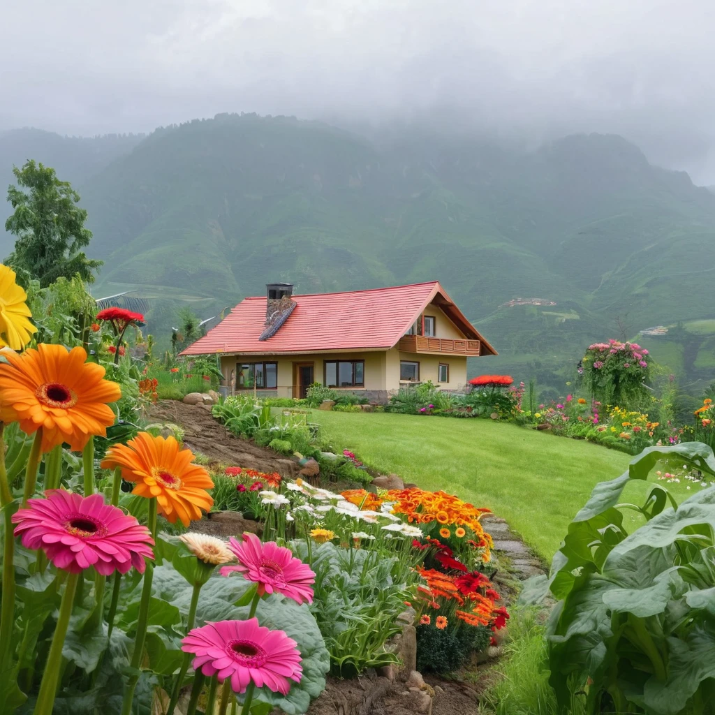 view from far, cottage, the sacred symbol of nature, A straw house on the hill (resort-style house), garden around the house with flowers, gerbera daisys, and vegetables. In front of the house is a valley with flowers. scenery, a rainy day.