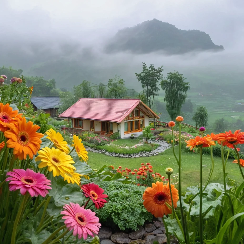 view from far, cottage, the sacred symbol of nature, A straw house on the hill (resort-style house), garden around the house with flowers, gerbera daisys, and vegetables. In front of the house is a valley with flowers. scenery, a rainy day.