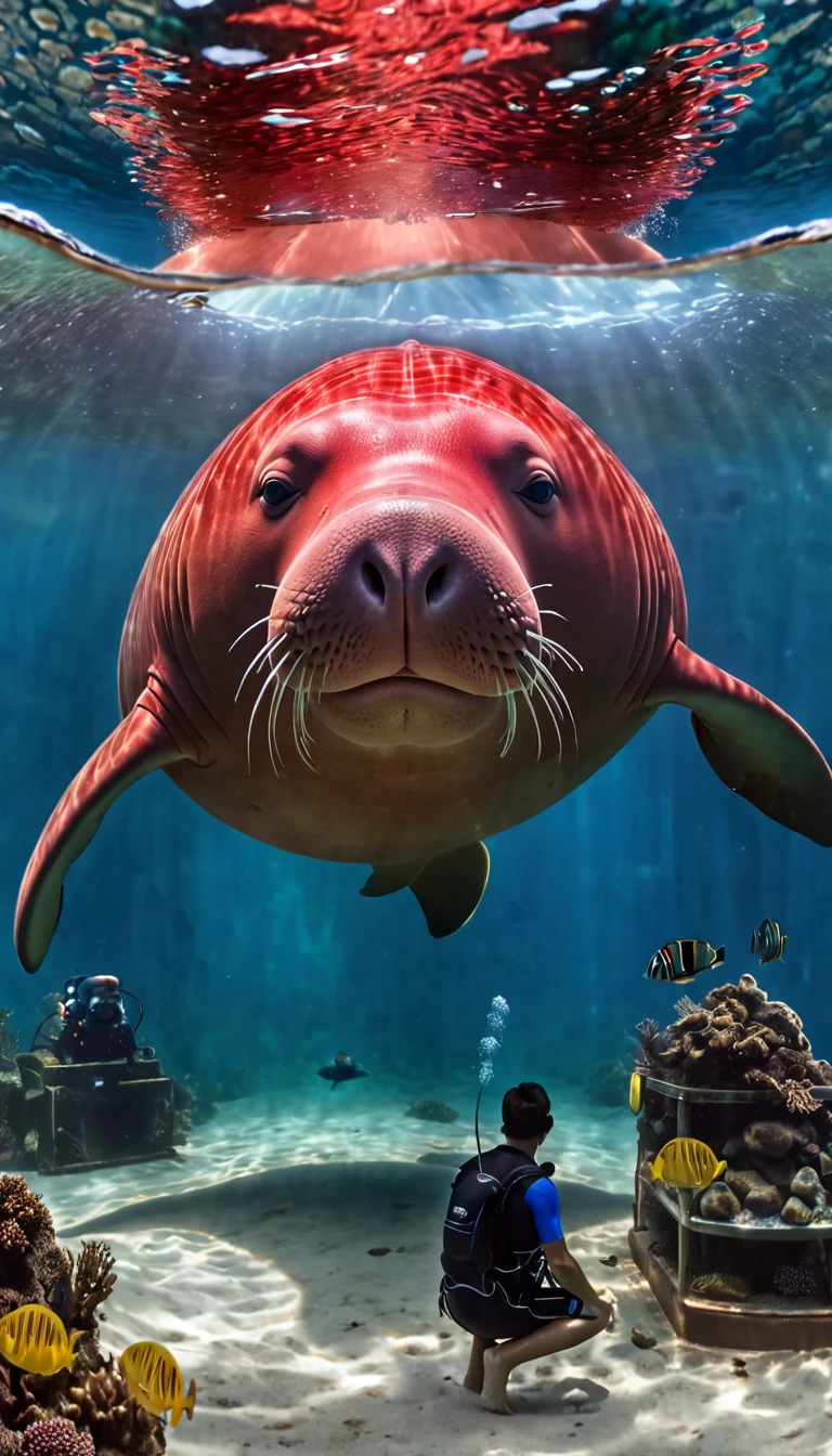 Panorama,Red dugong with human face under water(best quality,4K,8K,High level,masterpiece:1.2),Ultra Detailed,(lifelike,Photo real,Photo real:1.37),Highly detailed animals,Complex patterns,Realistic lighting,Fantasy Creatures