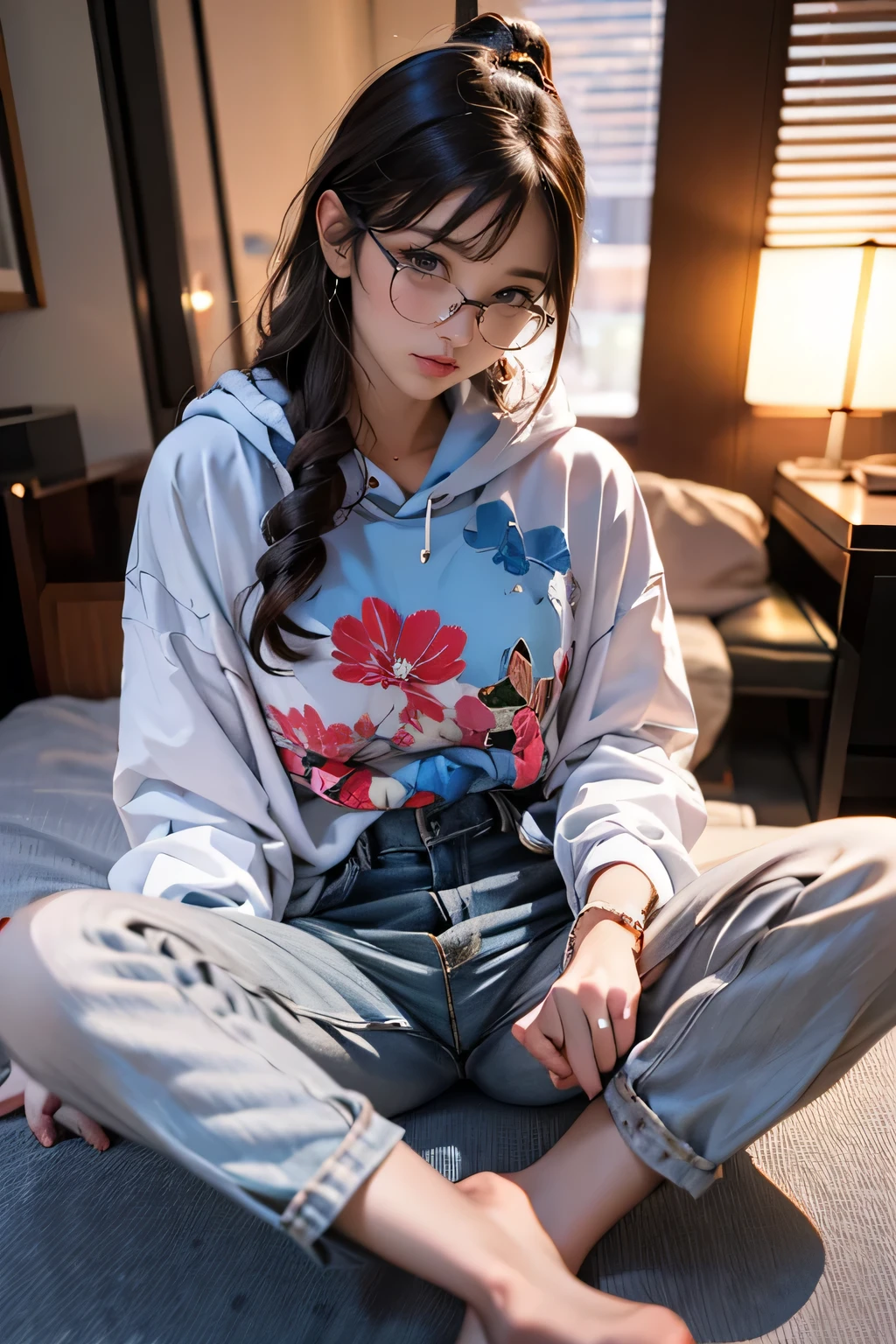There is a woman sitting cross-legged on the floor...., Wearing glasses, Wearing glasses on, Japanese Model, Wearing glassesいた, a surreal , Wearing square glasses, Without glasses, A real young gravure idol, Geeky look, Wearing glassesいる, Young and sexy gravure idol, surreal , Yoshitomo Nara, White hoodie, Read comics,Denim pants, I like manga,Mole under the left eye,Cute Freckles,barefoot,Facing forward,Watching the audience,