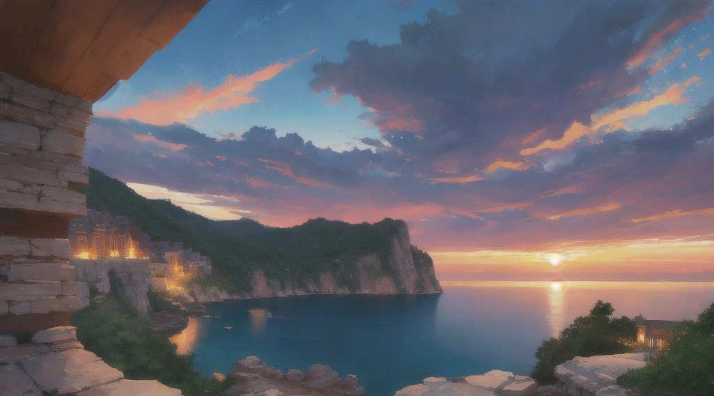 Highest quality,Super detailed,Ultra-high resolution,oil,Landscape painting,Resorts,View from the coast,Clouds illuminated by the setting sun,The boundary between dusk and night,moonlight,Vivid sky,Gradation,Vibrant colors,Silence,Atmospheric flow,Realistic