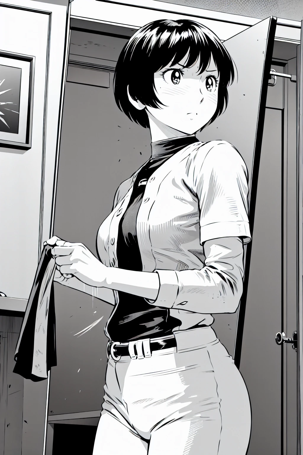 、(masterpiece、Highest quality)、Highest quality, Ultra-high resolution, (((masterpiece))), alone, Sweat、Big eyes,Tight black shirt、Tight white pants、belt、indoor、Composition from the front、（Cut the back hair short、short hair、blonde、woman）、Shortcuts、Embarrassed face、Cut your hair short、可愛いwomanの子、Big Breasts、Inside the room、Full Color、Baseball uniform