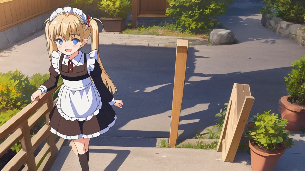 (masterpiece:1.2), best quality, highres, original, (extremely detailed:1.2), ultra-detailed, wallpaper, perfect lighting,(extremely detailed CG:1.2), 8k, anime illustration, 1boy, solo, cute, kawaii, crossdressing, (twin tails, light-blue eyes, flat chest, open the mouth, laughing, happy:1.2), (Chinese-style maid outfit, apron, ruffles hemline, knee-length dress:1.3), standing in front of the camera, frontal, looking at viewer, (anatomically correct:1.5), outdoor, full body nsfw  show panties