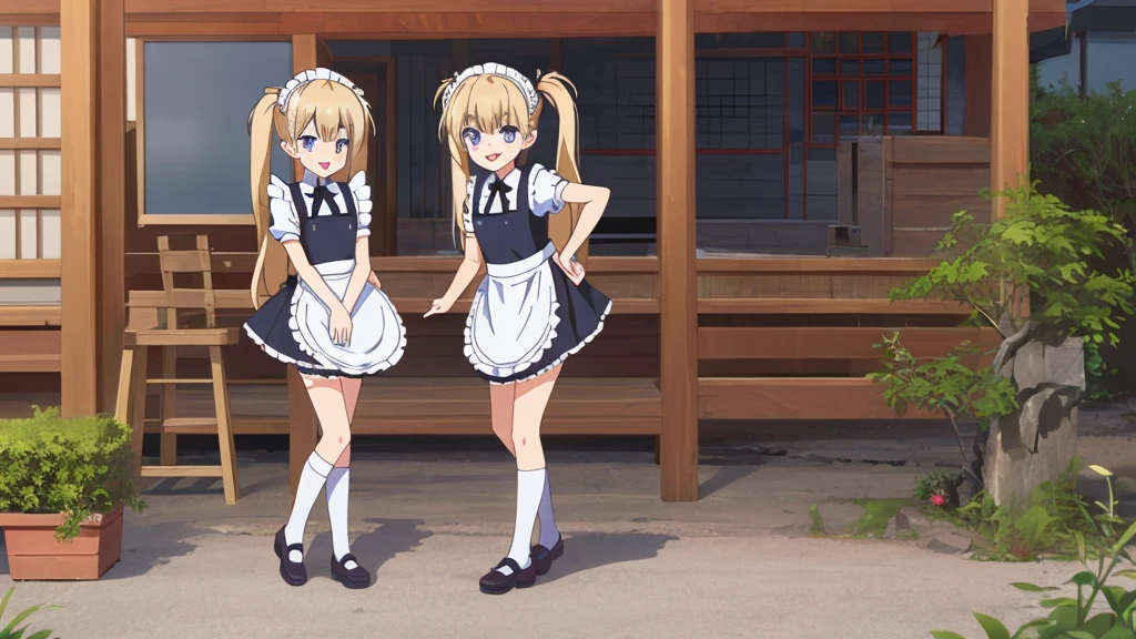 (masterpiece:1.2), best quality, highres, original, (extremely detailed:1.2), ultra-detailed, wallpaper, perfect lighting,(extremely detailed CG:1.2), 8k, anime illustration, 1boy, solo, cute, kawaii, crossdressing, (twin tails, light-blue eyes, flat chest, open the mouth, laughing, happy:1.2), (Chinese-style maid outfit, apron, ruffles hemline, knee-length dress:1.3), standing in front of the camera, frontal, looking at viewer, (anatomically correct:1.5), outdoor, full body nsfw show panties