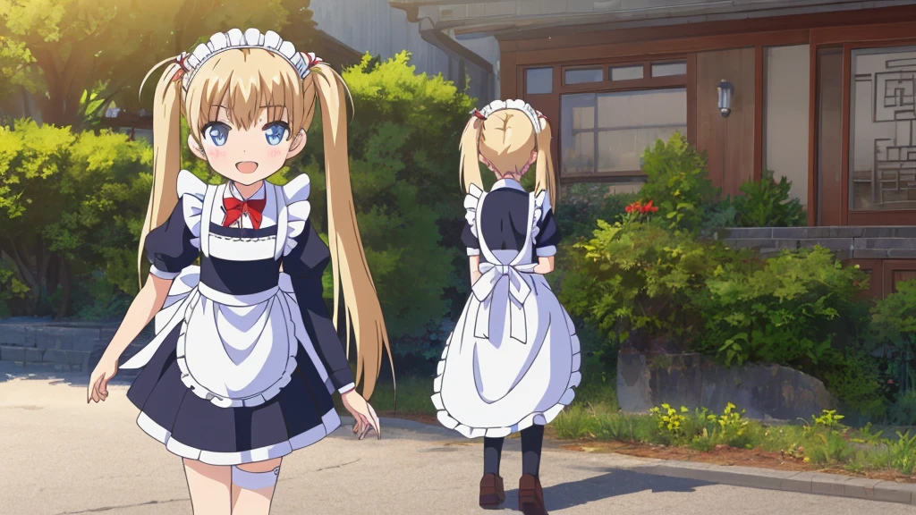 (masterpiece:1.2), best quality, highres, original, (extremely detailed:1.2), ultra-detailed, wallpaper, perfect lighting,(extremely detailed CG:1.2), 8k, anime illustration, 1boy, solo, cute, kawaii, crossdressing, (twin tails, light-blue eyes, flat chest, open the mouth, laughing, happy:1.2), (Chinese-style maid outfit, apron, ruffles hemline, knee-length dress:1.3), standing in front of the camera, frontal, looking at viewer, (anatomically correct:1.5), outdoor, full body nsfw  show panties