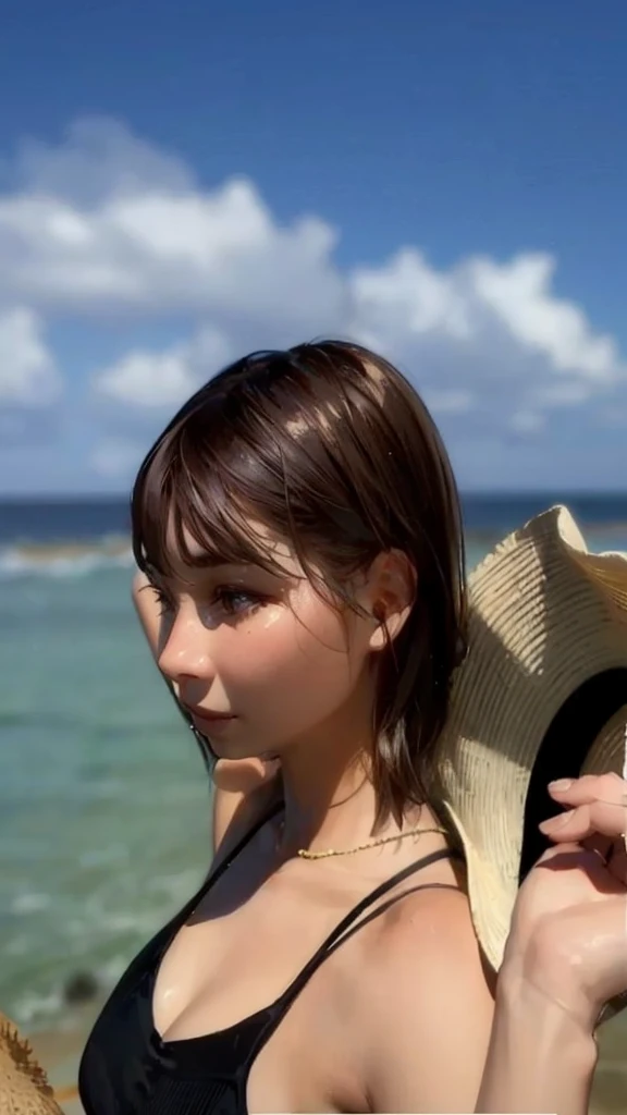 masterpiece, high-quality, a young woman, wearing black sleeveless, short bob Hair, holding hat behind head with both hands, sunny summer day with the blue sea