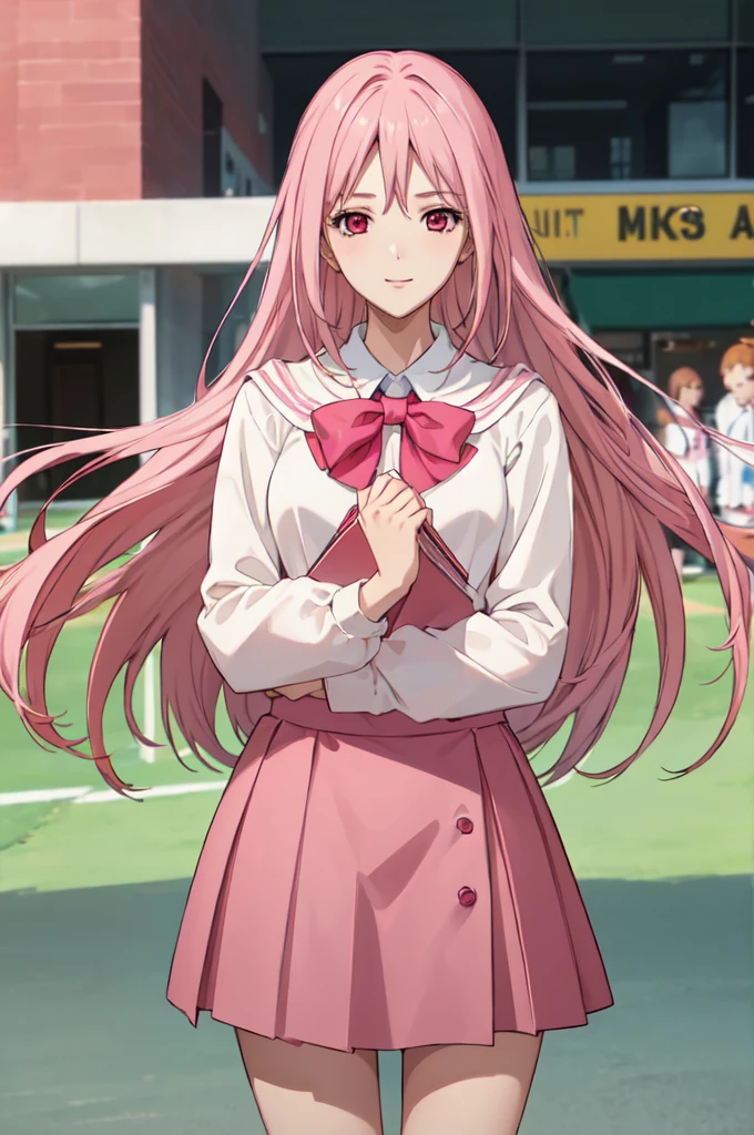 1girl, (masterpiece), (perfect details), (High resolution), (high quality), (sharp focus), (best quality),  (solo),  (masterpiece:1.2),(best quality:1.2), kiryuuin satsuki, pink hair, long hair, floating hair,  pink eyes, , brown skirt, white shirt, smile, school background, 