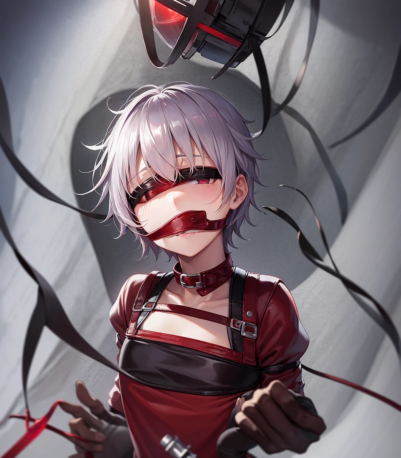((Slave Collar)),Lock,((gag)),((((red Leather blindfold)))),Luxurious,((Very short hair)),Are sleeping,Cute little ,Tiny ,Small girl,,Childish face, Very fine clean face,Top quality, Subtle light, Soft lighting,Light from directly behind, With bust up,Front view,prison