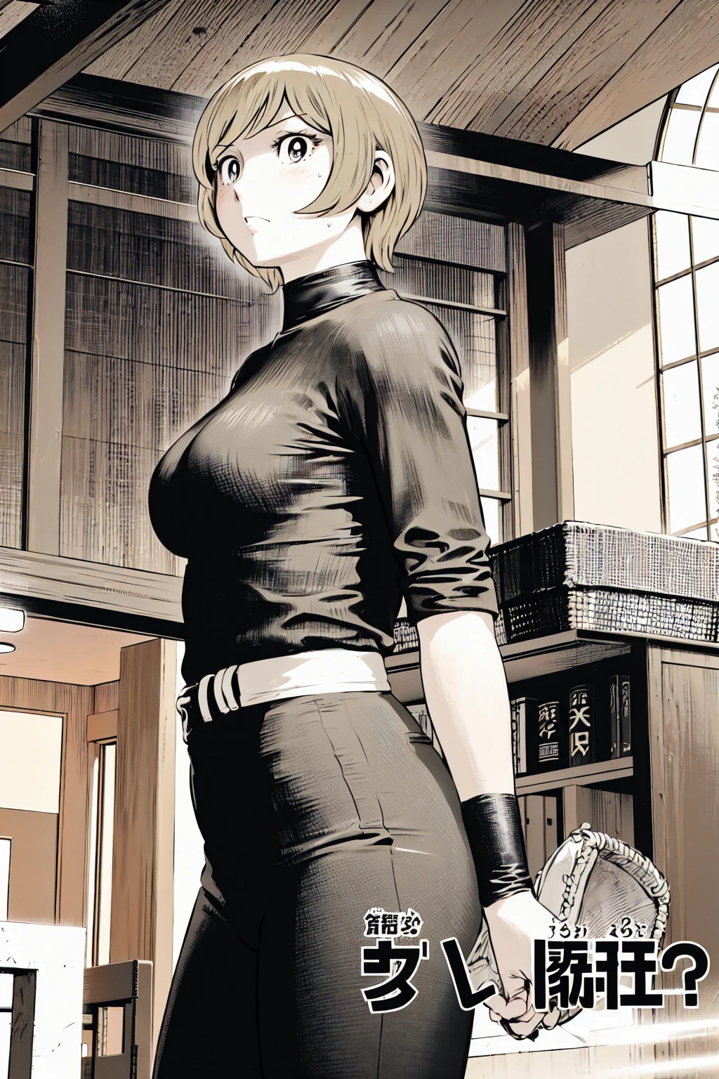 、(masterpiece、Highest quality)、Highest quality, Ultra-high resolution, (((masterpiece))), alone, Sweat、Big eyes,Tight black shirt、Tight white pants、belt、indoor、Composition from the front、(Cut the back hair short、short hair、blonde、woman)、Shortcuts、Embarrassed face、Cut your hair short、可愛いwomanの子、Big Breasts、Inside the room、Full Color、Baseball uniform