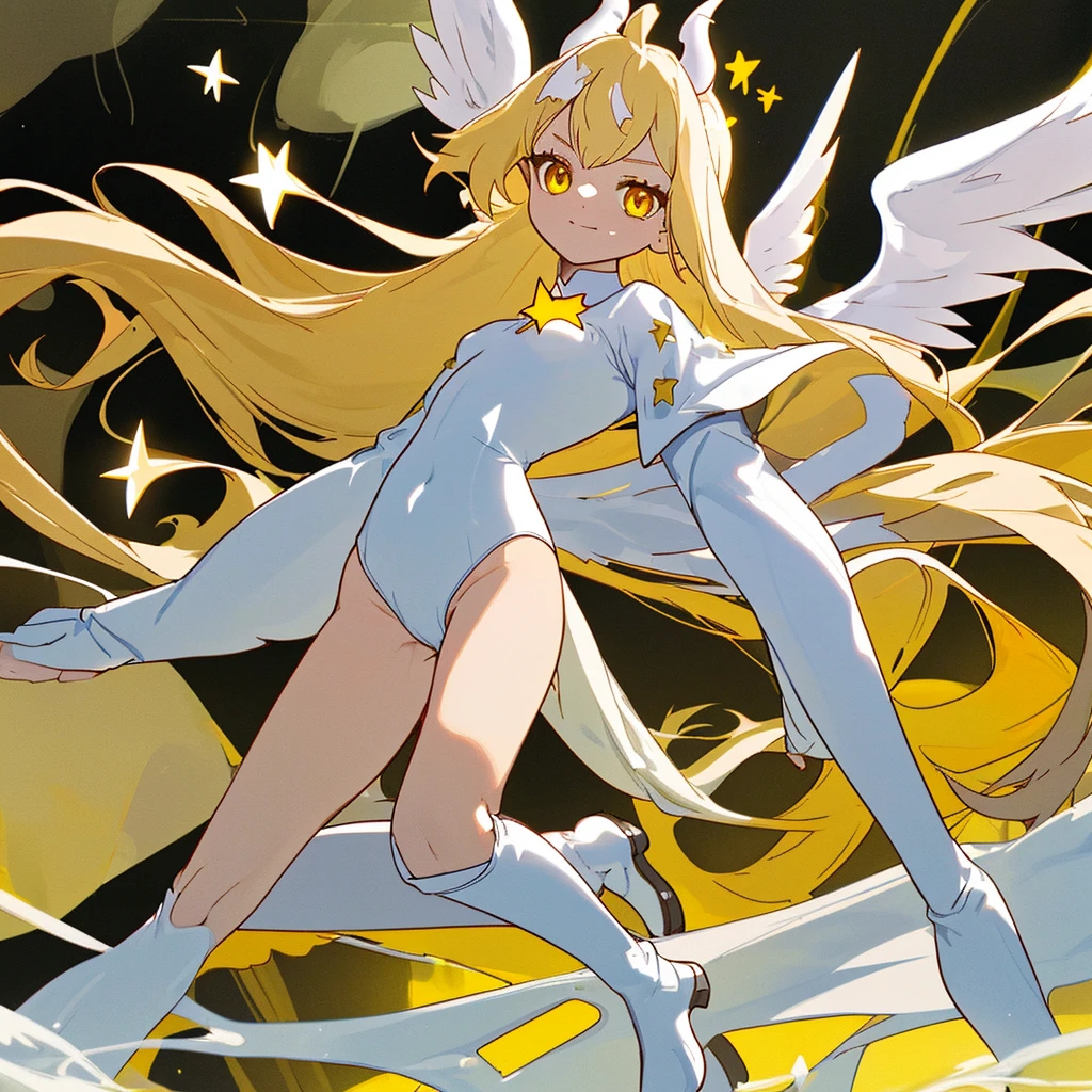 Egg-colored demon girl + Wear a white swimsuit with sleeves + white boots + It has white wings over black on its hips. + long yellow hair + yellow eyes + There is a small yellow star on the left cheek. + has a white tail + white ribbon + He has gray-white horns. + Has a black collar + There is a white shawl that leaves the middle