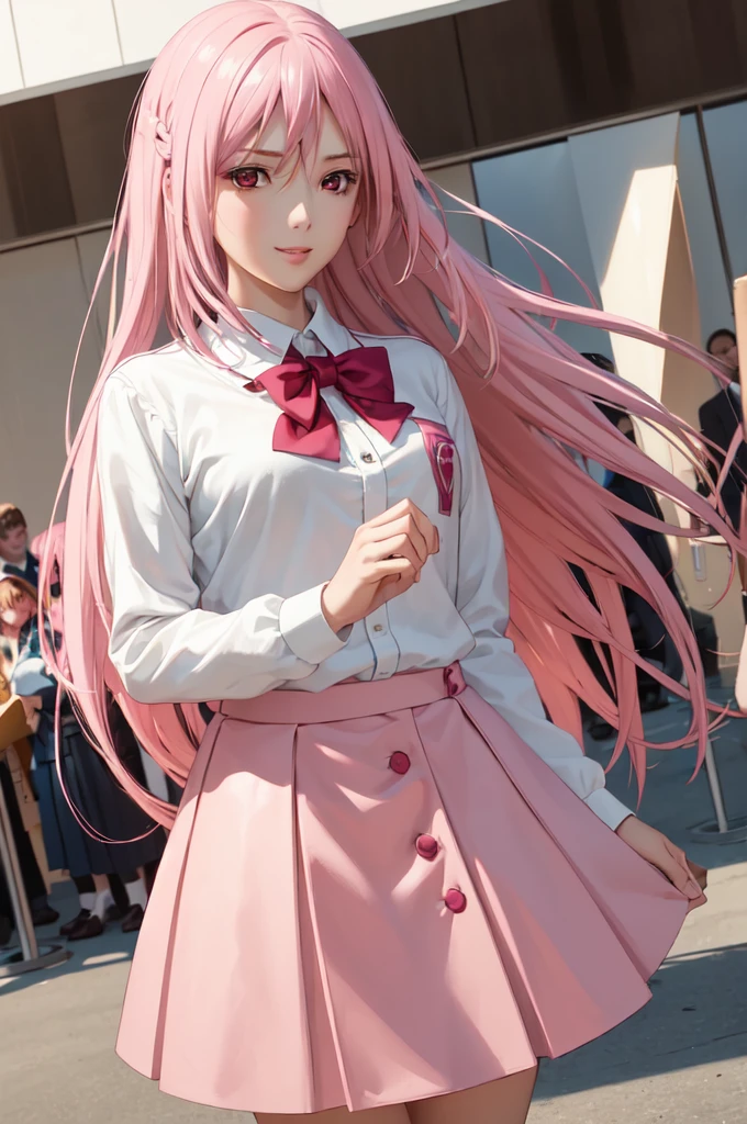 1girl, (masterpiece), (perfect details), (High resolution), (high quality), (sharp focus), (best quality),  (solo),  (masterpiece:1.2),(best quality:1.2), kiryuuin satsuki, pink hair, long hair, floating hair,  pink eyes, , brown skirt, white shirt, smile, school background, 