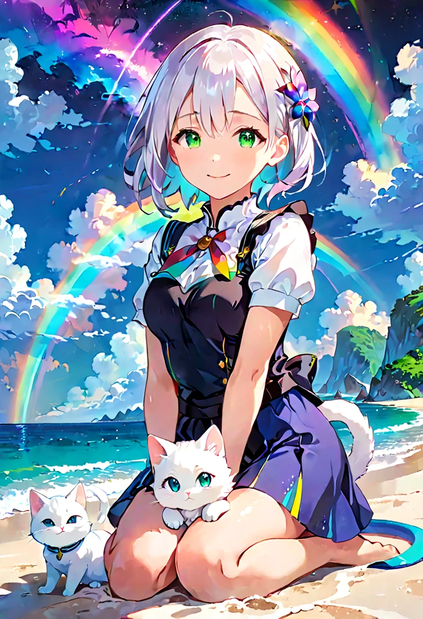(Panorama, Center, Masterpiece, Highest Quality: 1.2), (8K, Raw Photos, Highest Quality), ((Masterpiece: 1.2)), Realistic, Ultra High Resolution, High Contrast, Photon Mapping, Vivid Colors, distant view, long shot, from behind, full body, Focal length: 26mm, f/5, Super Detailed, Raw Photos, Authentic, Official Art, RAW Photos, Professional Lighting, Lights, Vivid Atmosphere, finest illustration, best shadows), A smiling young girl (Emilia princess from Re:Zero, elegant silver-haired girl with delicate features, beautiful detailed eyes, long eyelashes, full lips, colorful makeup, slim waist, wearing a academy uniform, short sleeve top, photorealistic, (best quality,4k,8k,highres,masterpiece:1.2),ultra-detailed,(realistic,photorealistic,photo-realistic:1.37), extremely detailed face and eyes, highly detailed iris, (cute)),Early summer. On a beautiful white sandy beach, a smiling girl is looking at the islands scattered off the coast of the sea. A white cat is sitting next to a smiling girl. Beautiful blue gradient. Beautiful green gradient. An atmosphere that exudes the excitement of adventure. An atmosphere that makes you feel happy and joyful. High Fantasy Worldview. A magnificent composition. Beautifully depicted with the golden rule. Guardian nebula of rainbow light and silvery vapor. Corrosive Encirclement Ray Family Color. Slimy air.