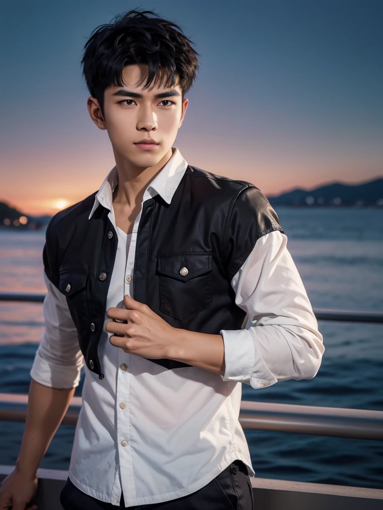 (photorealistic, Masterpiece, 8K, HD, Portrait, Cover your face, complicated details, soft light, nonsense), Handsome young Vietnamese man, soldier, 25 years old, strong, brave, Committed, confident, Manly, intimidate, misbehave, hot, charming, Beaming, detailed face, conjunctivitis, Detailed eyes, sharp eyes, look at viewer, Wear a jacket with rolled-up sleeves over a shirt., Casual wear, Tanned skin, fit, black hair, short hair, spiky hair, outdoor, harbor, dawn, star, กลุ่มstar, cosmic, dream world, Surrealism, impersonal