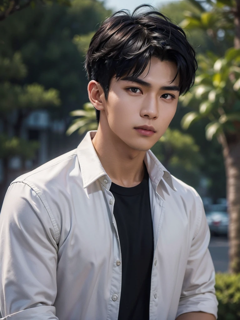 (photorealistic, Masterpiece, 8K, HD, Portrait, Cover your face, complicated details, soft light, nonsense), Handsome young Vietnamese man, soldier, 25 years old, strong, brave, Committed, confident, Manly, intimidate, misbehave, hot, charming, Beaming, detailed face, conjunctivitis, Detailed eyes, sharp eyes, look at viewer, Wear a jacket with rolled-up sleeves over a shirt., Casual wear, Tanned skin, fit, black hair, short hair, spiky hair, outdoor, harbor, dawn, star, กลุ่มstar, cosmic, dream world, Surrealism, impersonal
