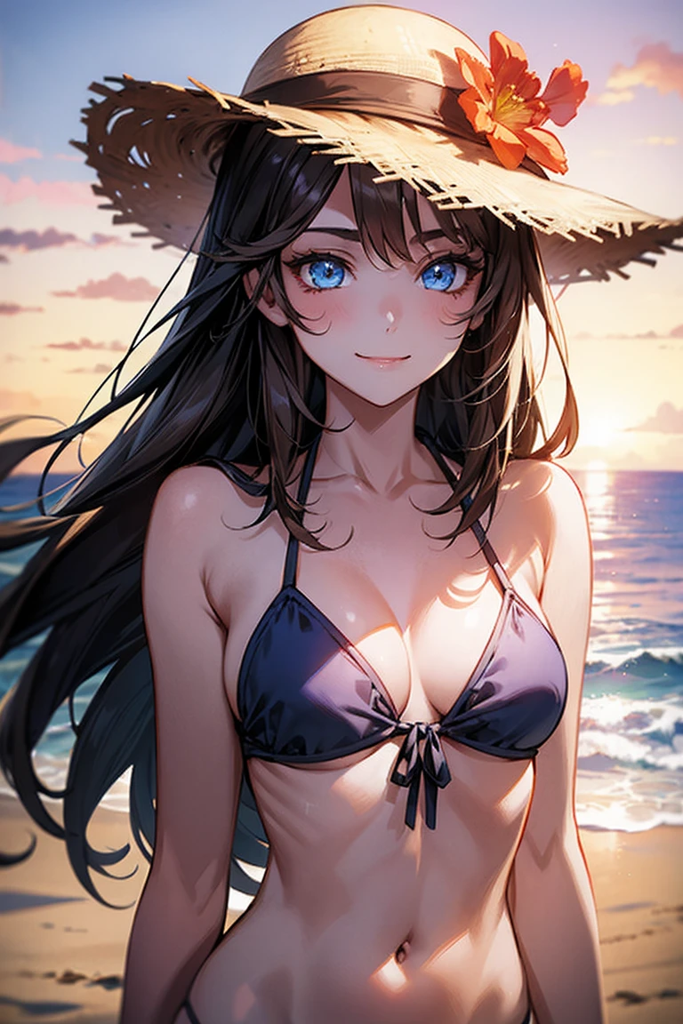 One girl, long tied brunette hair, smile, blue eyes, Wink, View your viewers, Wearing a bikini, flower straw hat, (Beach), (sunset), evening, masterpiece, 8K, Perfect lighting, The perfect outfit, Perfect Anatomy, Perfect Eyes, Perfect Face, Sharp resolution, (Face close-up)