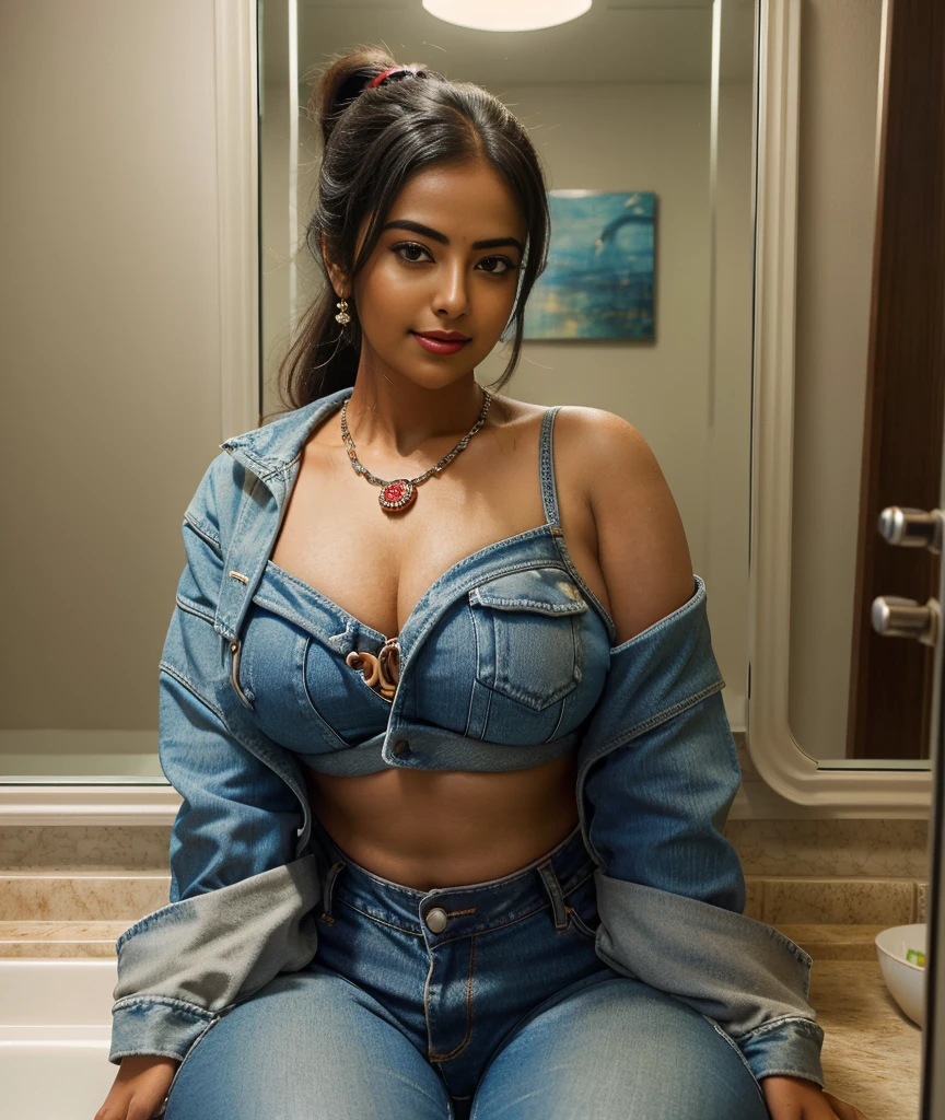 close up photo of naked ntg avika gor, curvy, hourglass figure, swooping breasts, seductive eyes, look at viewer and subtle smile, sitting on mirror cabinet in bathroom, necklace, denim jacket, red lips, sultry, ponytail, (cinematic:1.3), intricate details, (ArtStation:1.2)