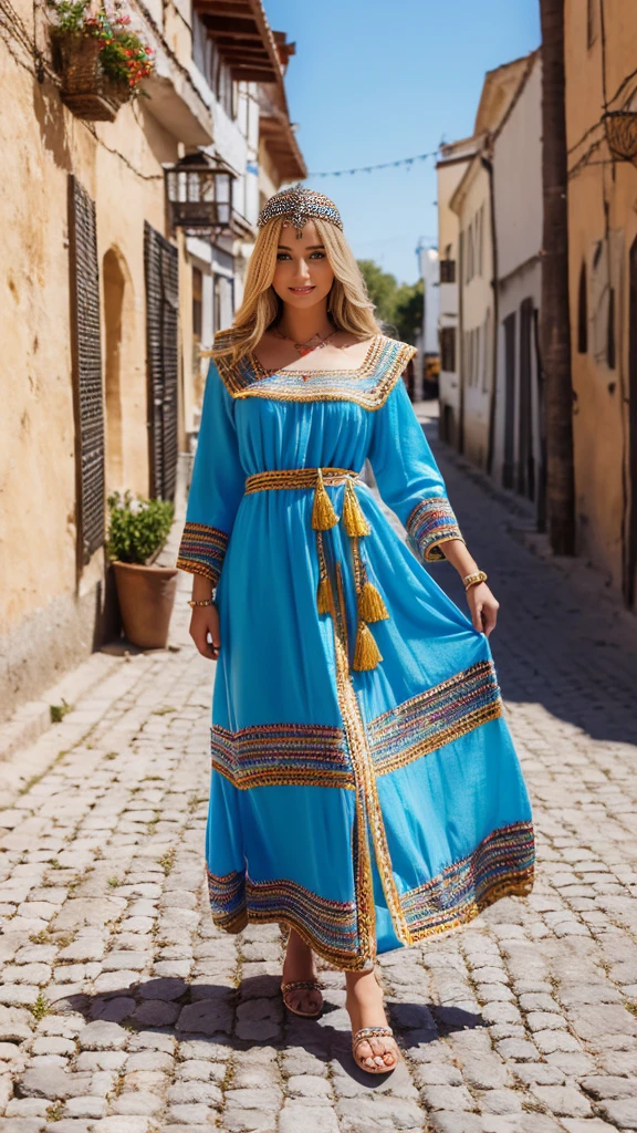 beautifull hot german blonde, robe kabyle, berber, amazigh dress, kabyledress, tizi ouzou, berber outfil, kabylegirl, bijoux, street background, full body, realistic, sky blue color robe