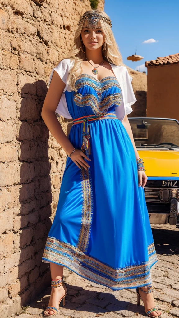 beautifull hot german blonde, robe kabyle, berber, amazigh dress, kabyledress, tizi ouzou, berber outfil, kabylegirl, bijoux, street background, full body, realistic, sky blue color robe