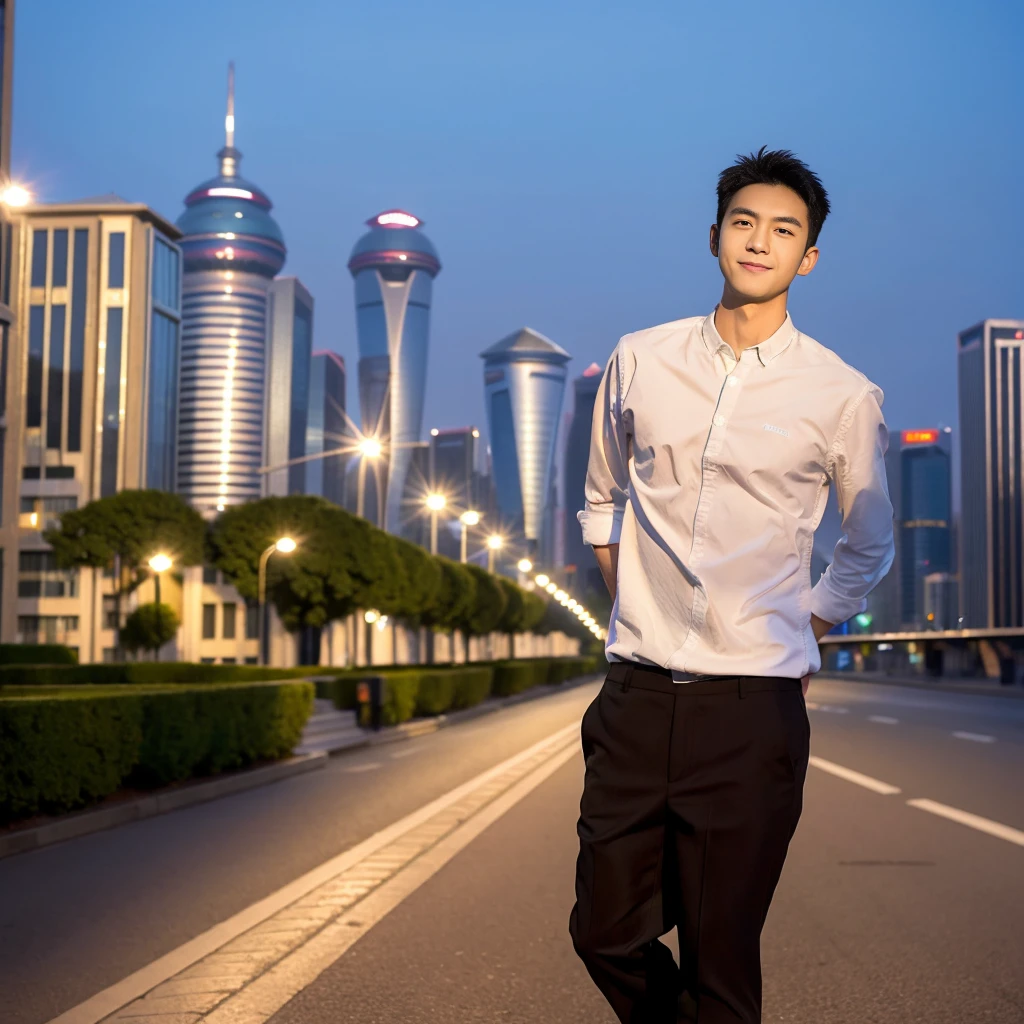 Masterpiece, best quality, height, Ultra high resolution,TRUE, photoTRUEistic,young man,handsome face,evening,natural light,look at viewer,outdoor,full body,smile,round face,short hair,Eye details,Shanghai city road,night scenery