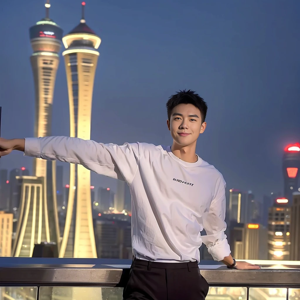Masterpiece, best quality, height, Ultra high resolution,TRUE, photoTRUEistic,young man,handsome face,evening,natural light,look at viewer,outdoor,full body,smile,round face,short hair,Eye details,Shanghai city road,night scenery