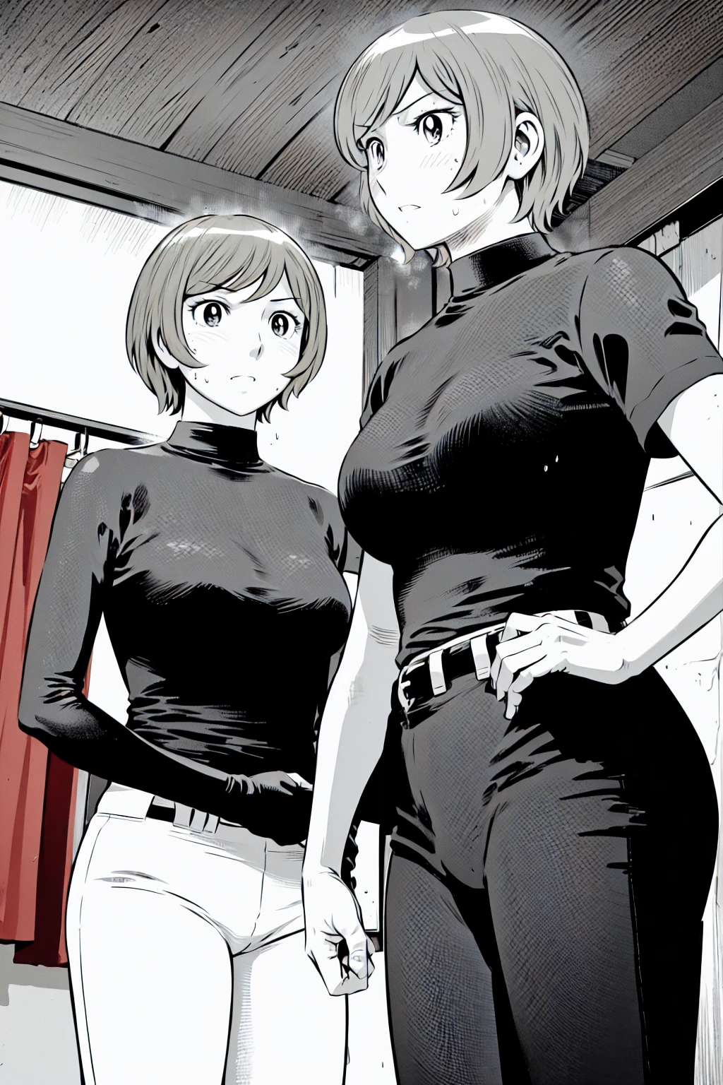 、(masterpiece、Highest quality)、Highest quality, Ultra-high resolution, (((masterpiece))), alone, Sweat、Big eyes,Tight black shirt、Tight white pants、belt、indoor、Composition from the front、（Cut the back hair short、short hair、blonde、woman）、Shortcuts、Embarrassed face、Cut your hair short、可愛いwomanの子、Big Breasts、Inside the room、Full Color、Baseball uniform