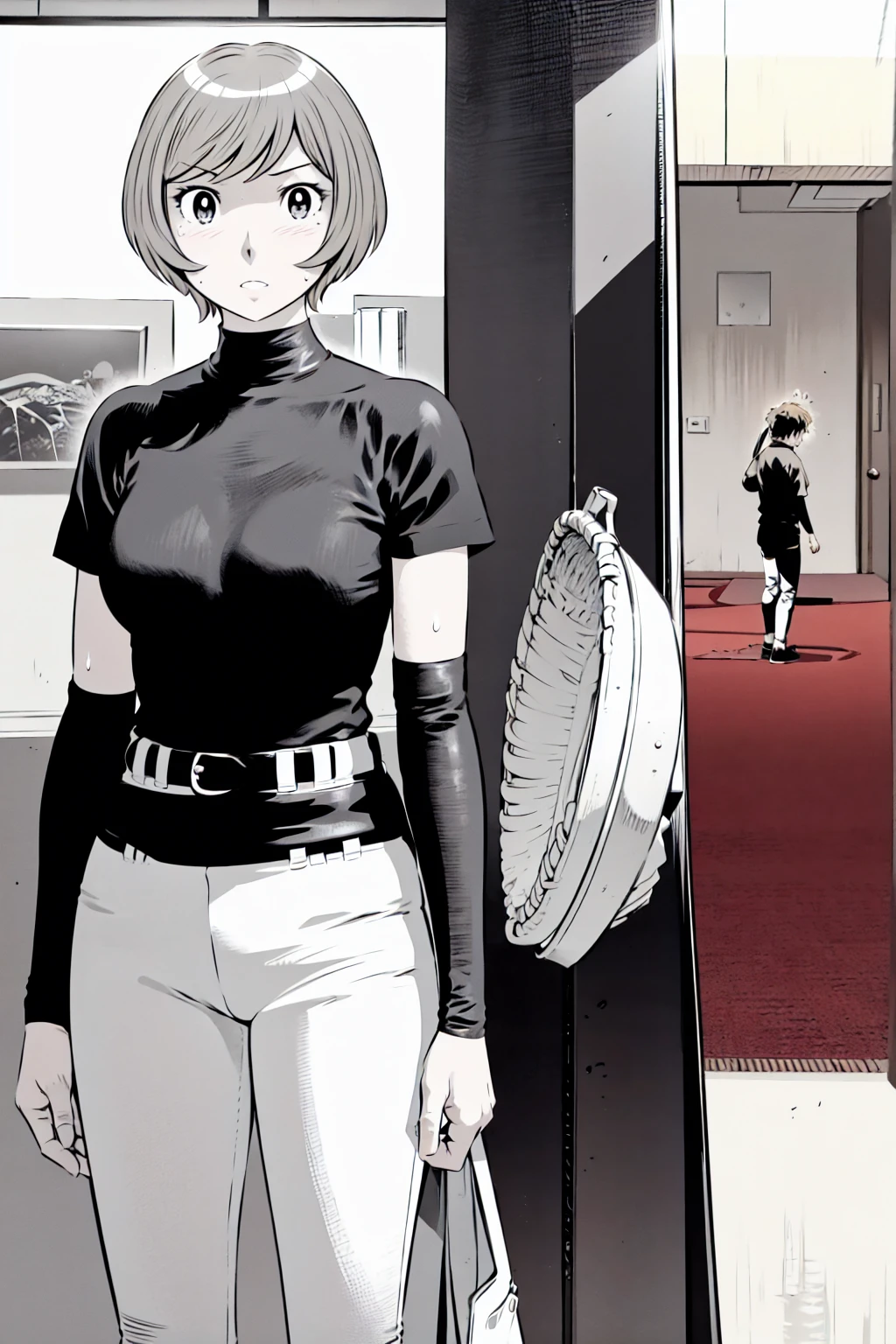 、(masterpiece、Highest quality)、Highest quality, Ultra-high resolution, (((masterpiece))), alone, Sweat、Big eyes,Tight black shirt、Tight white pants、belt、indoor、Composition from the front、(Cut the back hair short、short hair、blonde、woman)、Shortcuts、Embarrassed face、Cut your hair short、可愛いwomanの子、Big Breasts、Inside the room、Full Color、Baseball uniform