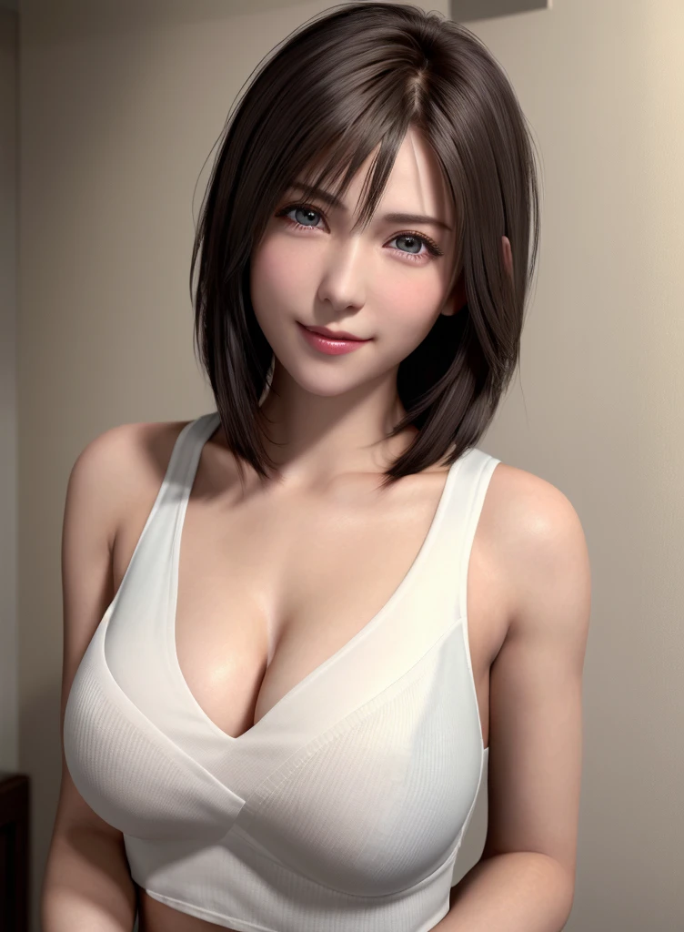 Top quality, ultra high resolution, (photorealistic: 1.4), beautiful eyes, super beautiful, short hair, beautiful breasts, lover, t-shirt with rough chest, eyes inviting viewer, lover's eyes, inviting facial expressions, sexy smile, perfect style, perfect balance, detailed skin, naughty eyes, chest visible