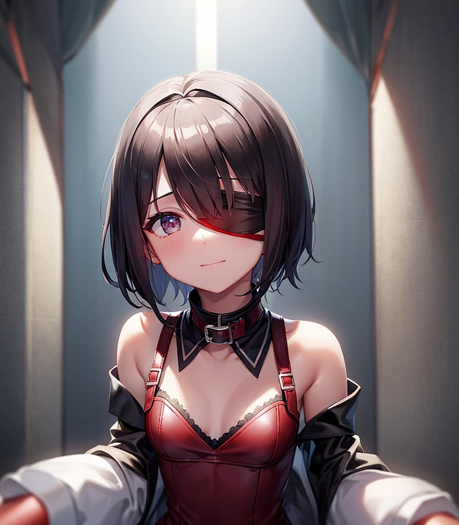 ((Slave Collar)),Lock,((gag)),((((red Leather blindfold)))),Luxurious,((Very short hair)),Are sleeping,Cute ,Tiny ,Small ,Childish face, Very fine clean face,Top quality, Subtle light, Soft lighting,Light from directly behind, With bust up,Front view,prison