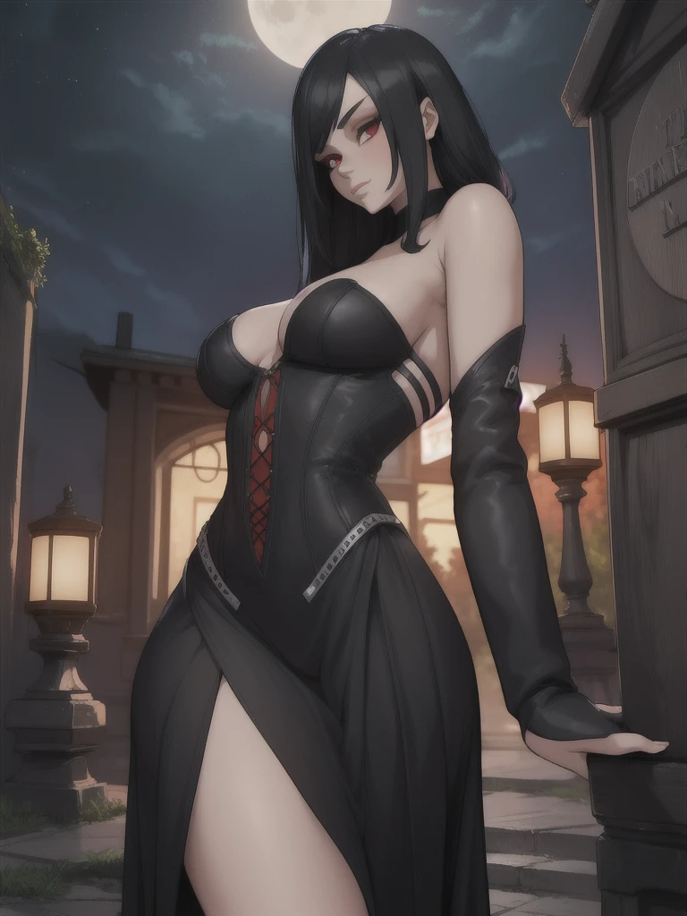((Best quality)), ((masterpiece)), 8k (detailed), ((perfect face)), (((male))), perfect proporcions, ((halfbody)) he is a handsome vampire, he is 18 years old, he has black hair, gothic clothes, corset, bare chest, he extends his arms to his sides, he walks forward, there is a full moon behind him,There is a cemetery behind him ((perfect face)) ((vampire ambience)) night sky