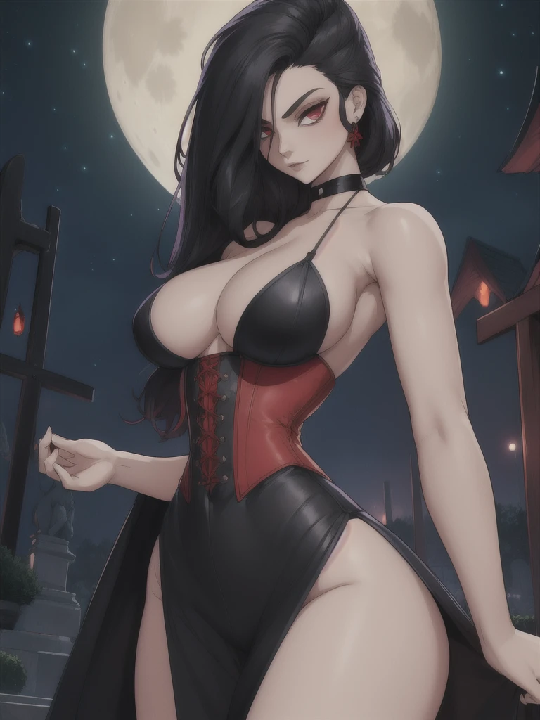 ((Best quality)), ((masterpiece)), 8k (detailed), ((perfect face)), (((male))), perfect proporcions, ((halfbody)) he is a handsome vampire, he is 18 years old, he has black hair, gothic clothes, corset, bare chest, he extends his arms to his sides, he walks forward, there is a full moon behind him,There is a cemetery behind him ((perfect face)) ((vampire ambience)) night sky