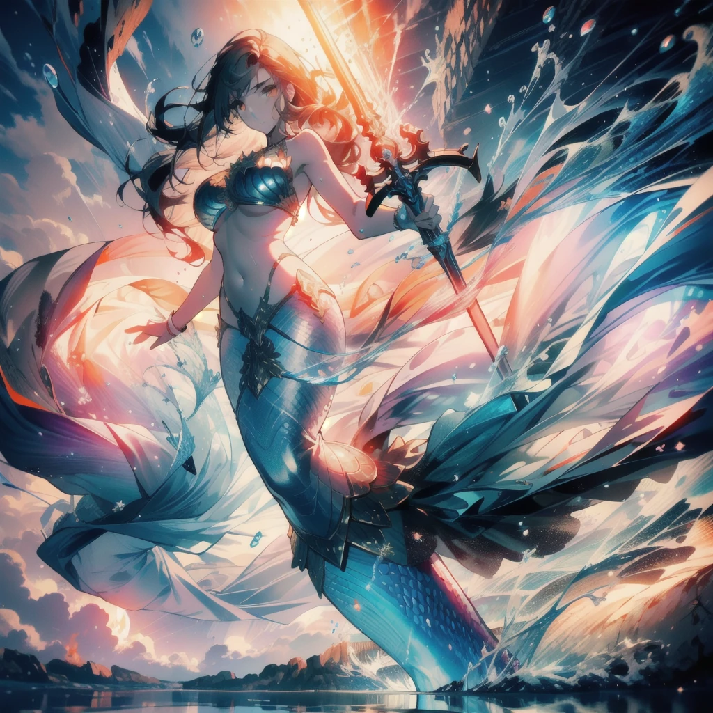 ((masterpiece, best quality)), Epic battlefield atmosphere,Delicate face,Mermaid Under the Sea,Holding a staff,whole body,Standing picture,Glowing orange eyes,Large Breasts,Gradient white long wavy hair,Perfect body proportions,Pure white background,Water Ripples,Lace,Sex bikini