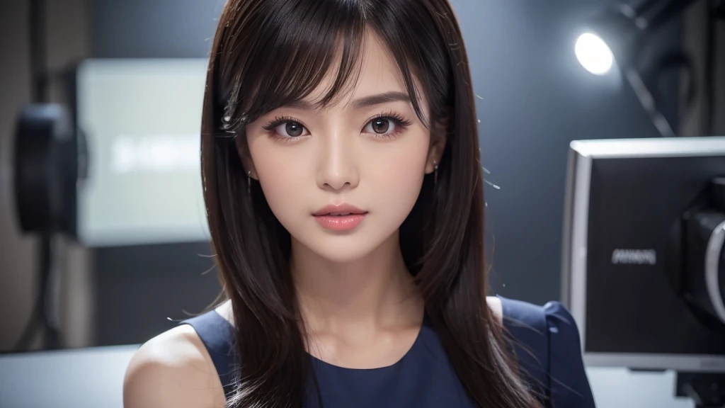 16K, 8k upscale, photorealistic, ultra detailed, best quality, masterpiece, perfect anatomy, lora:cuteSexyAsianGirl_v10
A poised and professional-looking solo female announcer standing straight-faced and composed, looking directly at the camera with her mouth closed. Her delicate, heart-shaped face is perfectly framed by her long, glossy black hair. Flawless makeup accentuates her striking features - sparkling eyes, high cheekbones, and full lips. Her yet curvaceous figure is accentuated by a sleek, form-fitting navy blue dress. One hand rests on the news desk in front of her, the other hanging naturally at her side. The studio lighting casts a warm, flattering glow on her porcelain skin, highlighting her confident, commanding presence.