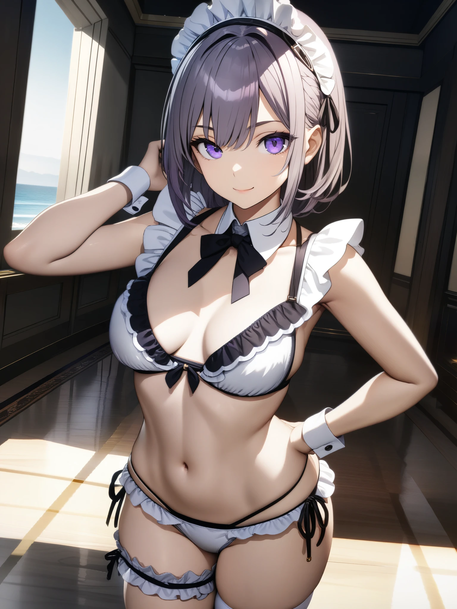 ((32k)), ((best quality)), ((ultra high res)), ((HDR)), ((UHD)), ((extremely detailed CG)), ((unity 32k wallpaper)), closed mouth, standing, purple eyes, swimsuit, bikini, thighs, cowboy shot, frills, indoors, hand up, stomach, white thighhighs, hand on hip, wrist cuffs, maid, maid headdress, bare arms, skindentation, detached collar, side-tie bikini bottom, white bikini, single thighhigh, string bikini, frilled bikini, bridal garter, maid bikini, smile, 