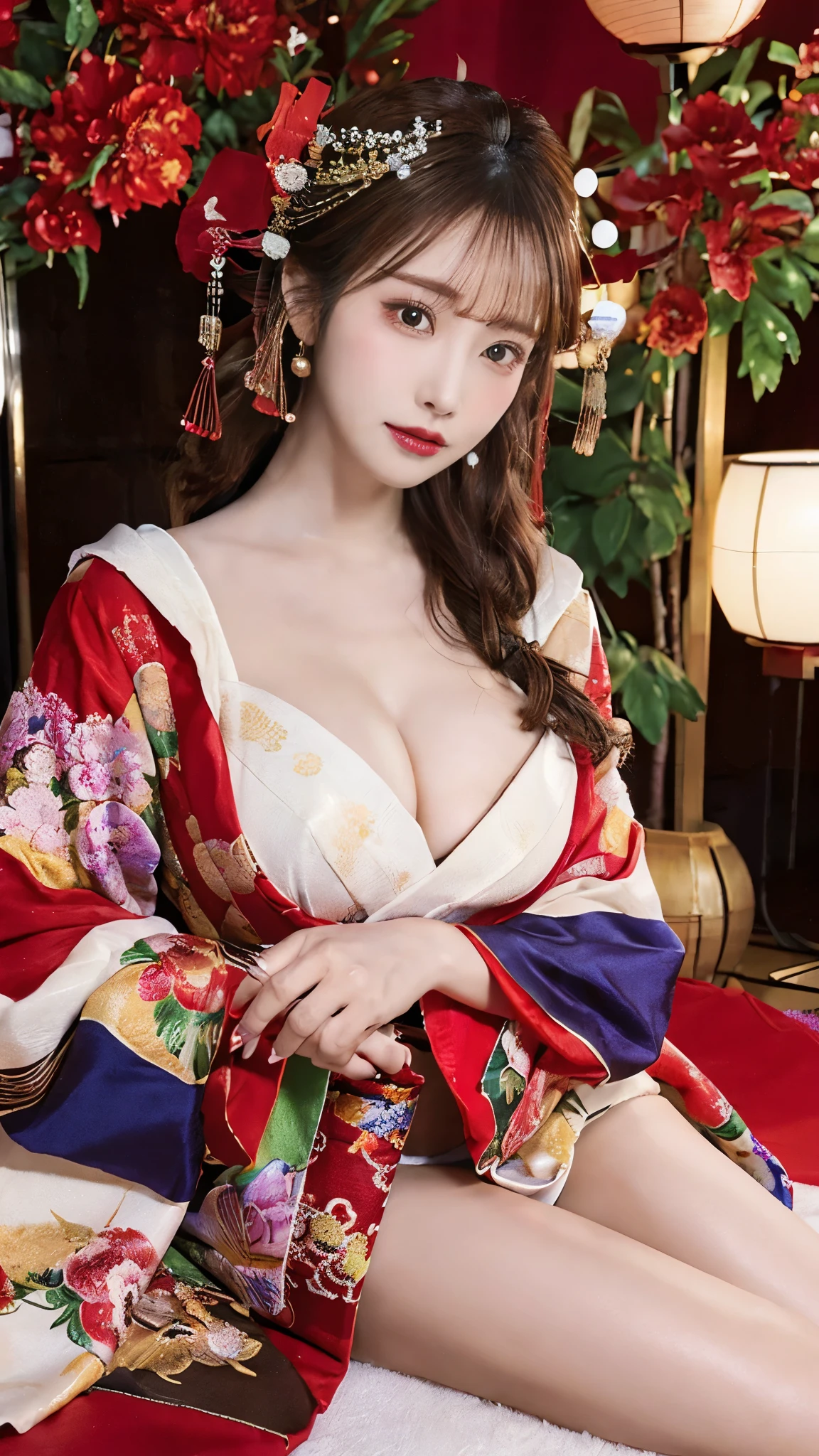 (Detailed skin:1.2),(Shiny skin:1.1),8K,Highest quality, masterpiece, Ultra-high resolution,(Realistic:1.4), RAW Photos,(Soft saturation:1.3),(Fair skin:1.2),Half-Japanese beauty,repair,20 years, Light brown hair, (Up-Hairstyles:1.2), Asymmetrical Hair, (Pretty face:1.4), (Large Breasts, Tight waist), Beautiful lighting, (Sexy Oiran:1.2,),Highly detailed face, Highly detailed lips, fine grain, double eyelid, (Sharp focus: 1.2), (Perfect Anatomy),(Beautiful woman with perfect figure: 1.2)、Exposing cleavage、Random sexy poses,(Accentuate your leg lines:1.2)、kimono、Sharp Eyes,Alluring expression、Open your mouth、Gorgeous hair ornament、Japanese style background