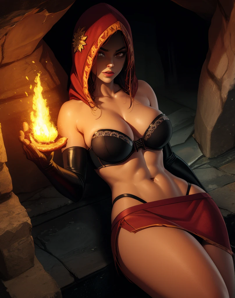 Dsorceress,shadowy face,dark cave,fire, hood, shadowed face,strapless bra,miniskirt,elbow gloves, dark skin, 1 girl (insanely detailed, masterpiece, best quality),